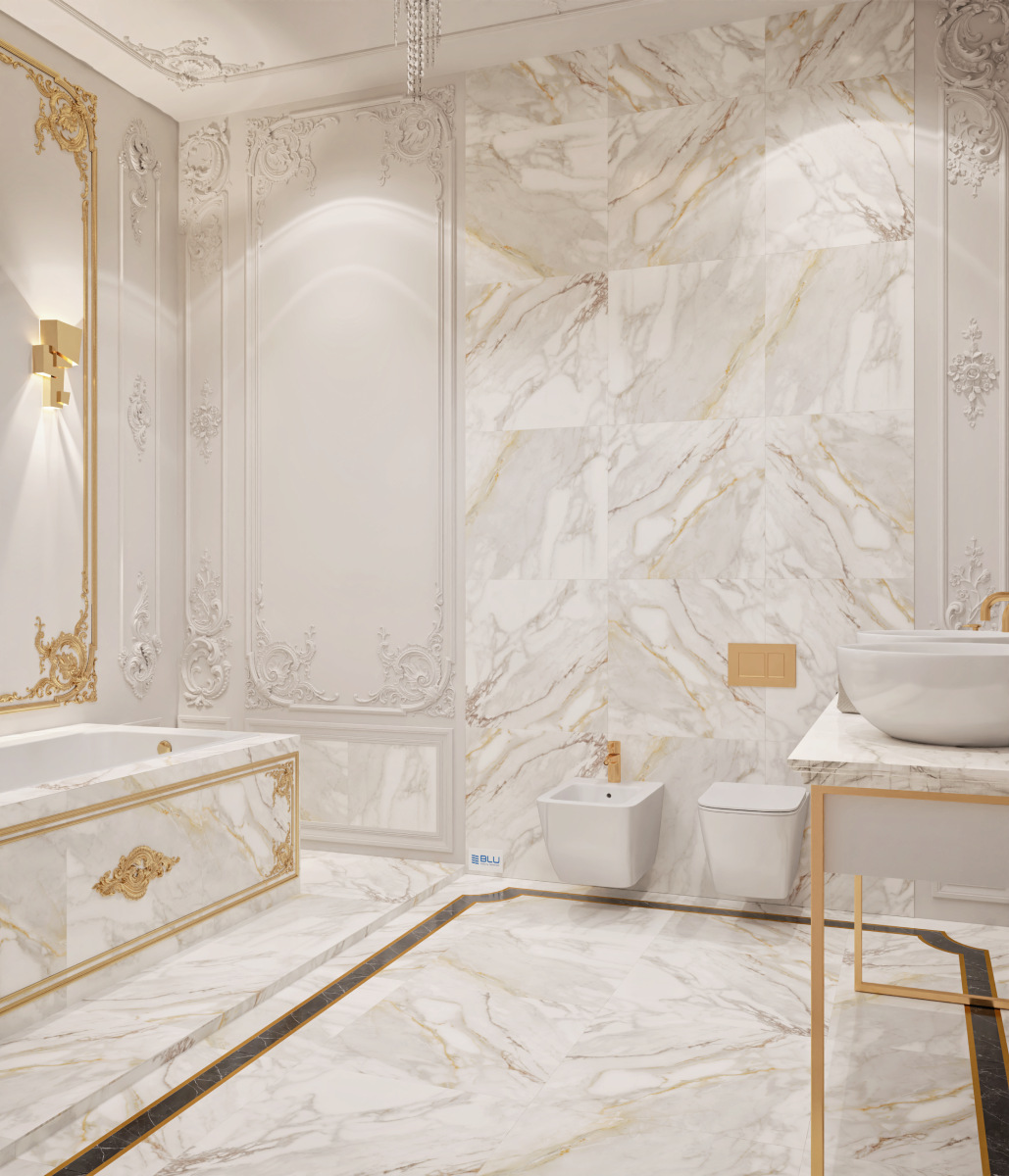 Marmurowa łazienka w bieli i złocie. 